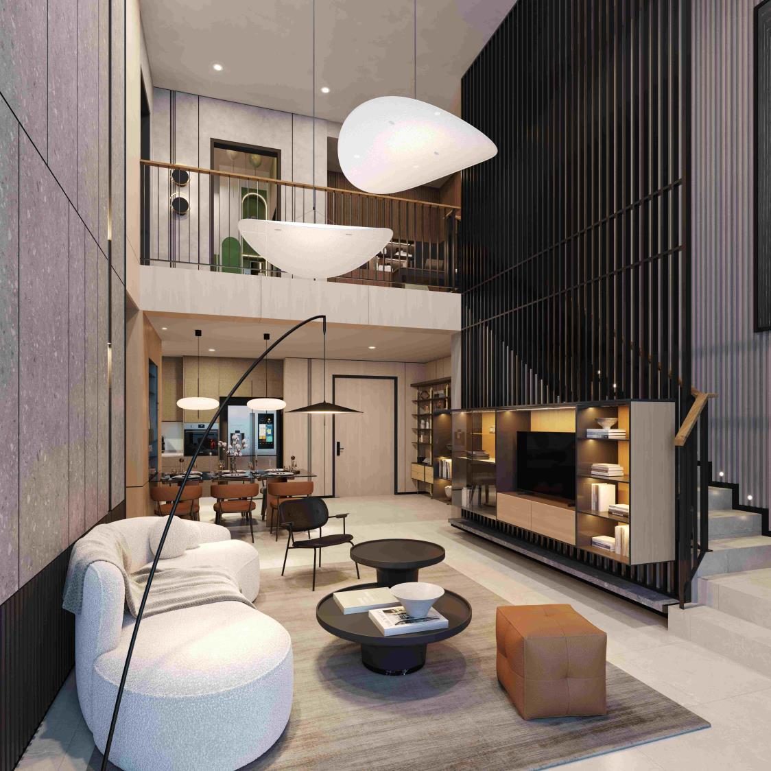 Aricia Residences sky duplex living room with double-volume ceiling and butterfly-inspired pendant